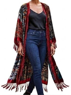 Chico's Burnout Velvet Kimono Duster Jacket Multicolor Abstract Fringe Boho M/L